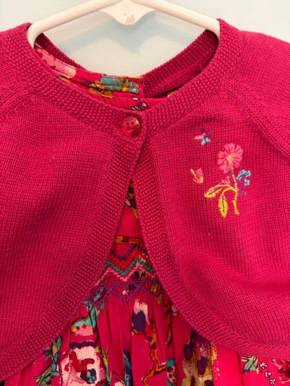 Next UK Baby Girl Magenta Pink Smocked Tropical Dress and Sweater Set
